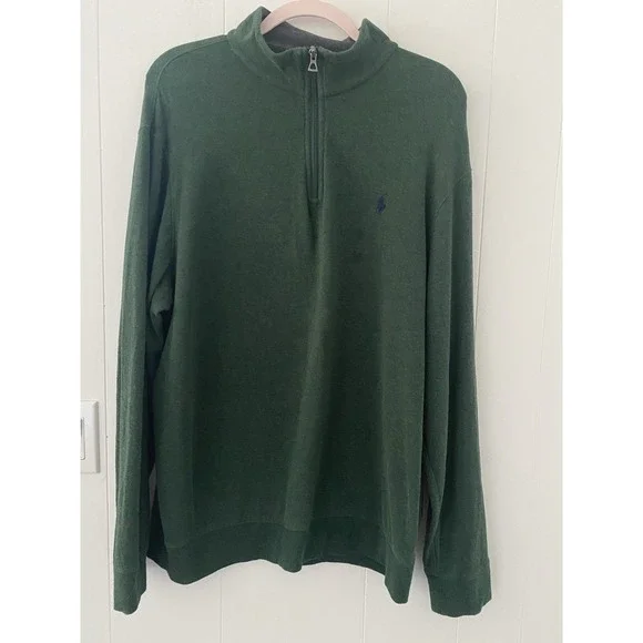Polo Ralph Lauren Sweater Mens XL Green Cotton 1/4 Zip Pullover Preppy Logo - Picture 2 of 4
